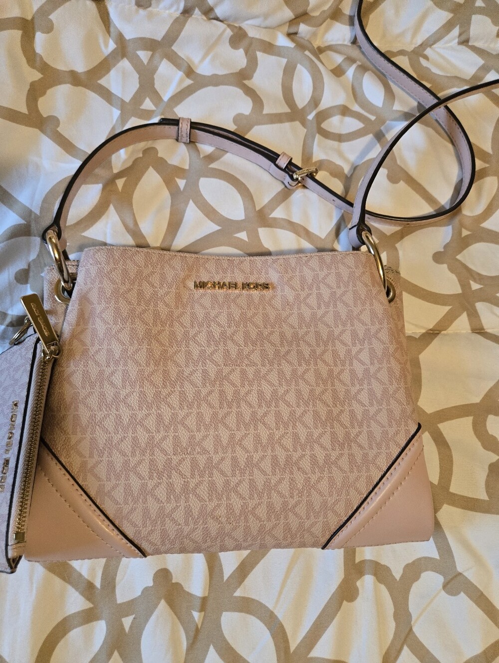 Pristine MK Nicole Triple Compartment Crossbody Vanilla Pink + Pouch Charm